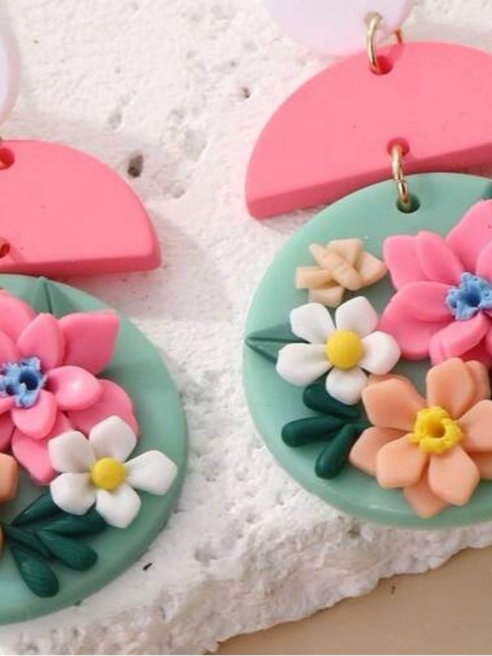 Handmade Floral Dangle Earrings in Mint & Pink